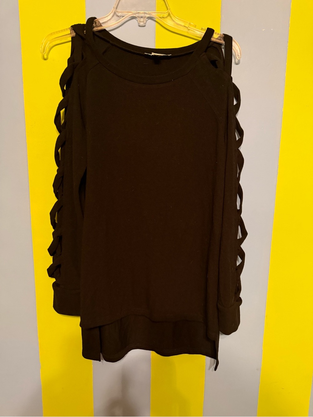 She + Sky Black Cold-Shoulder Ladder Sleeve Long Sleeve Top